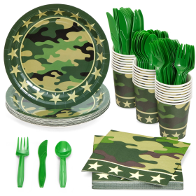 144-Piece Camo Party Decorations for Army-Themed Birthday, Baby Shower, Welcome Home Party, Serves 24, Includes Camouflage Paper Plates, Napkins, Cups