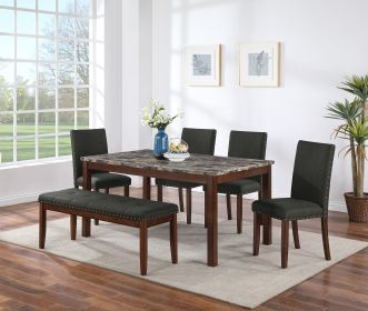 Dining Room Furniture Modern 6pcs Set Dining Table 4x Side Chairs and A Bench Ash Black Polyfiber Rubberwood Nailheads Faux Marble Top