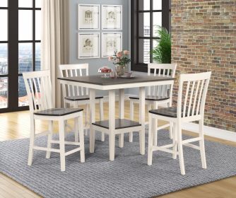 Rustic Farmhouse Transitional 5-Pc Counter Height Dining Set Square Table Wood Top Bottom Display Shelf Chair Wooden Dining Room Furniture Gray/White