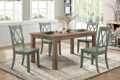 5pc Dining Set Natural Finish Table and 4x Side Chairs Teal Finish Wooden Kitchen Dining Room Furniture