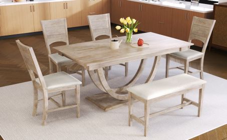 TOPMAX 6-Piece Wood Half Round Dining Table Set Kitchen Table Set with Long Bench and 4 Dining Chairs, Modern Style, Natural