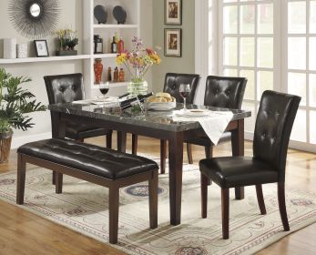 Dark Cherry Finish Wooden 6pc Dining Set Marble Top Table with 4 Side Chairs Bench Seating Dark Brown Faux Leather Upholstered Dining Kitchen Furnitur