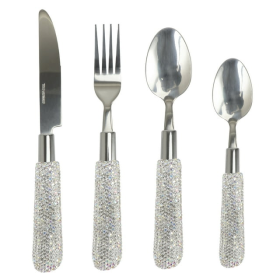 Bling Rhinestones Spoon Big and Small,Fork Set Stainless Steel 4 Pieces Flatware Cutlery Set Tableware Eating Utensil (White)