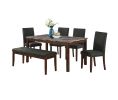 Dining Room Furniture Modern 6pcs Set Dining Table 4x Side Chairs and A Bench Ash Black Polyfiber Rubberwood Nailheads Faux Marble Top